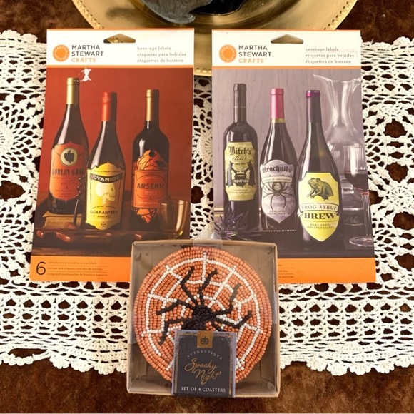 Halloween beverage labels (2 packages) and beaded spider coasters - Picture 1 of 11